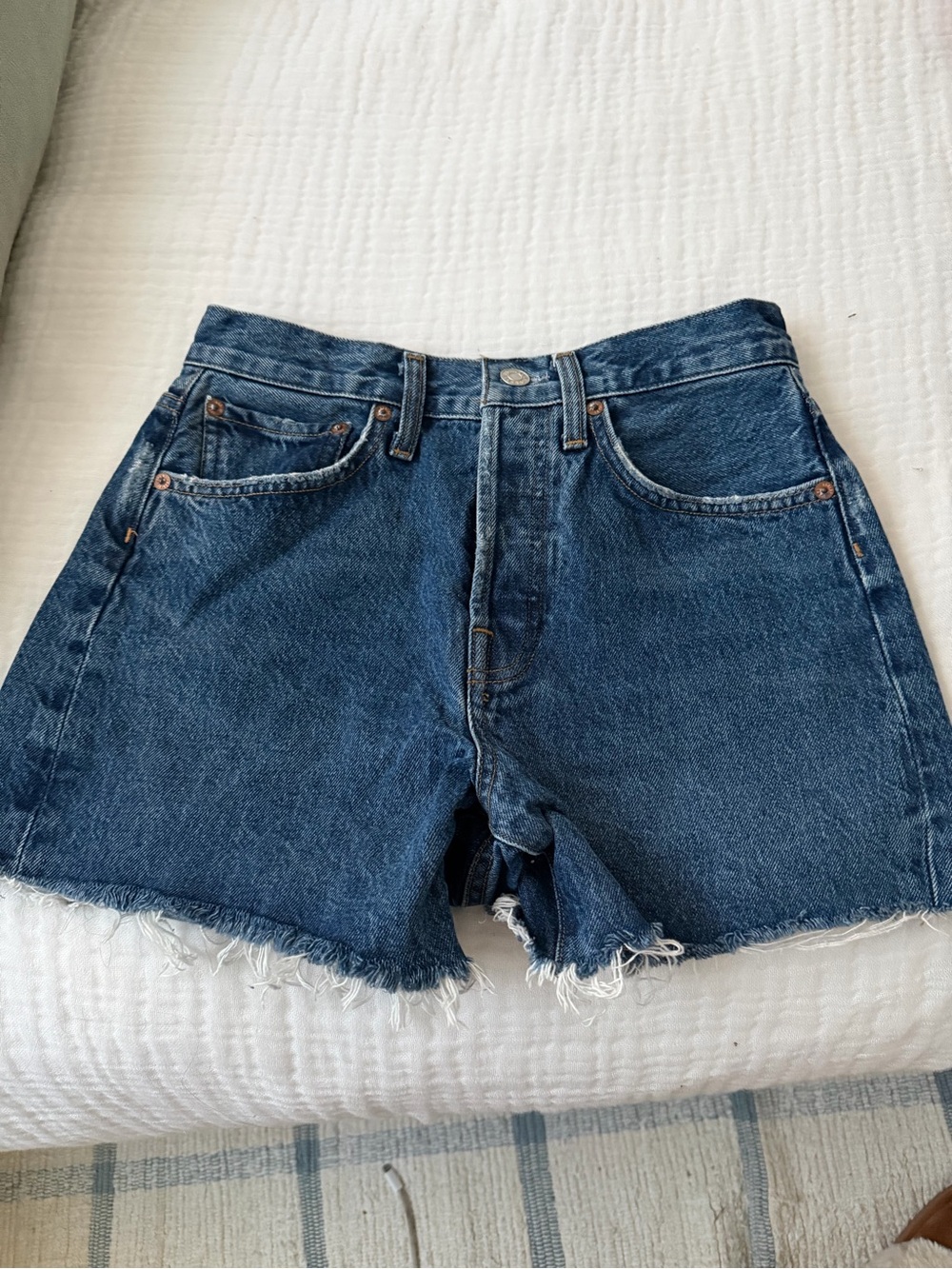Agolde Dark Blue Frayed Hem Denim Shorts